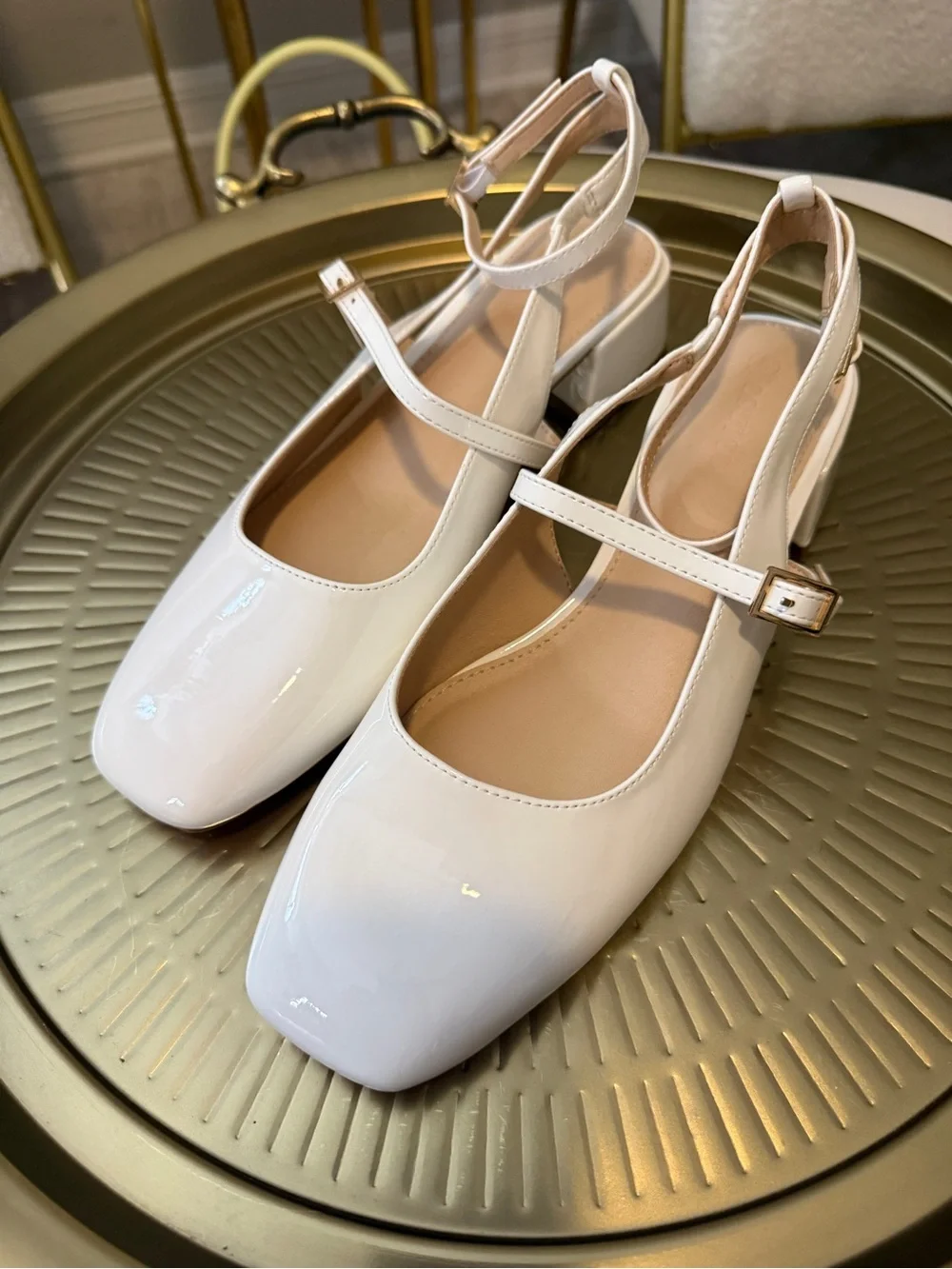 Classic White Patent Slingback Block Heel Pumps